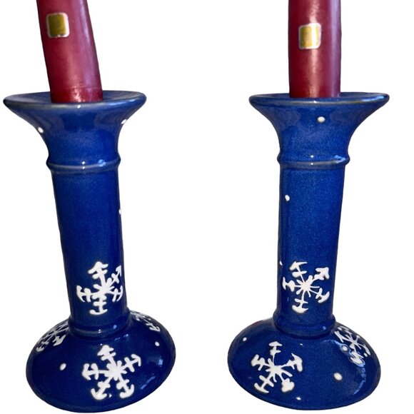 Vintage Set of 2 Blue Ceramic Candle Holders With Snowflake Design Holiday 6"x3" - Picture 1 of 9